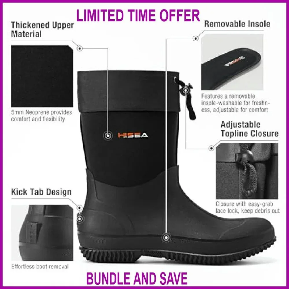 Men's Waterproof Neoprene Work Boots Insulated Ankle High Rain Shoes